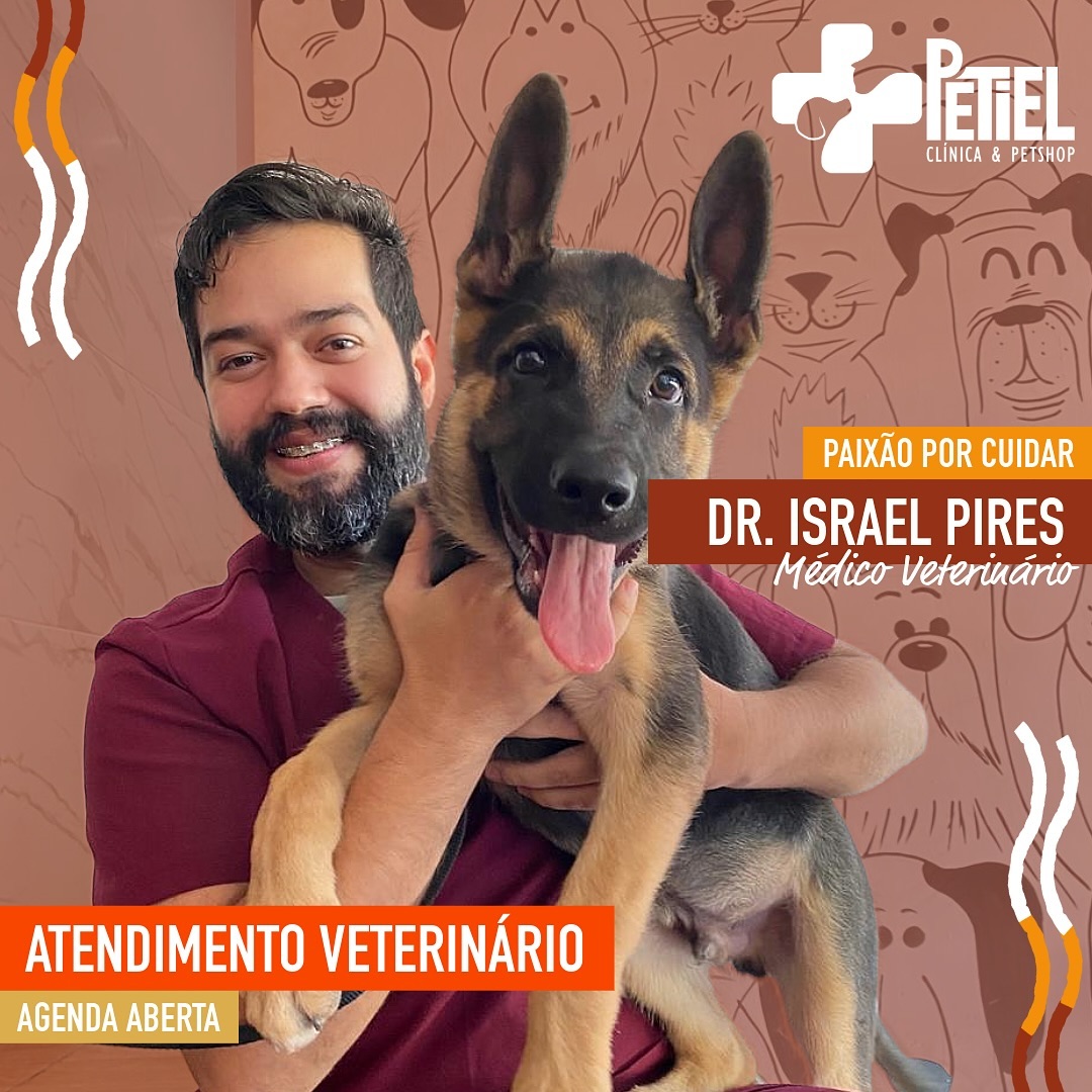 Publicação da Petiel apresentando o médico veterinário Dr. Israel Pires com um cão